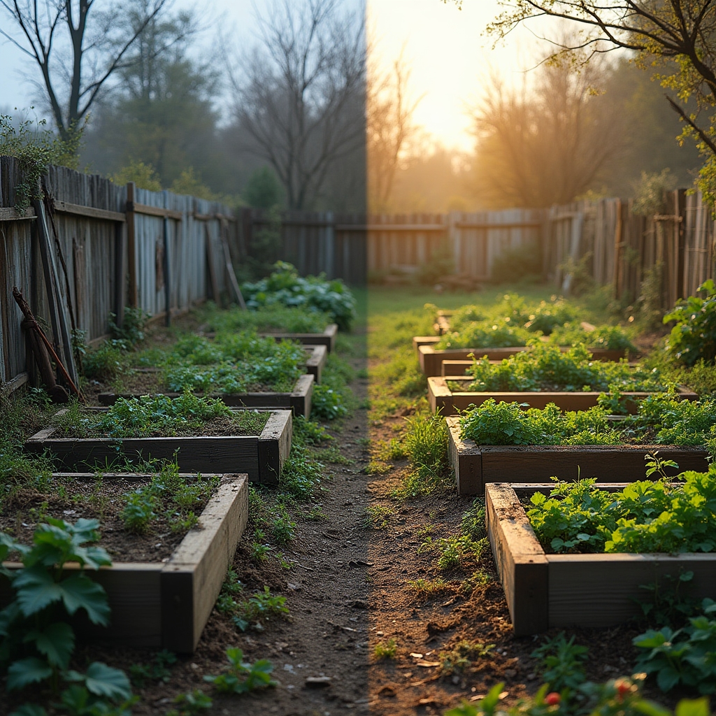 Split composition showing a neglected overgrown garden plot on the left contrasted with an organized, productive community garden on the right, dramatic lighting emphasizing the difference