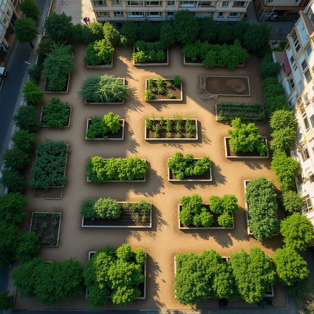 Aerial view of a thriving community garden with organized planting beds and pathways