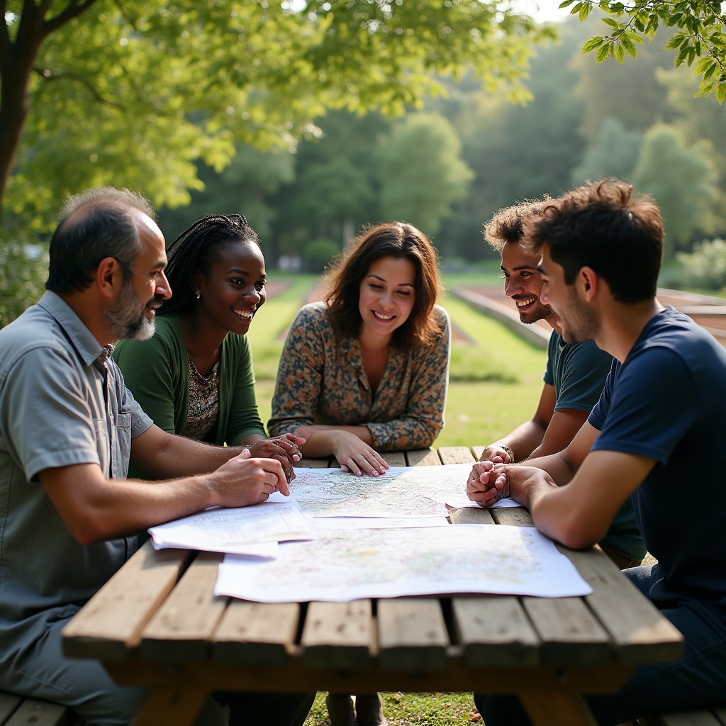 Small group of diverse adults in their 30s and 40s gathered around a wooden table in a garden setting, reviewing documents and discussing plans with relaxed, engaged expressions