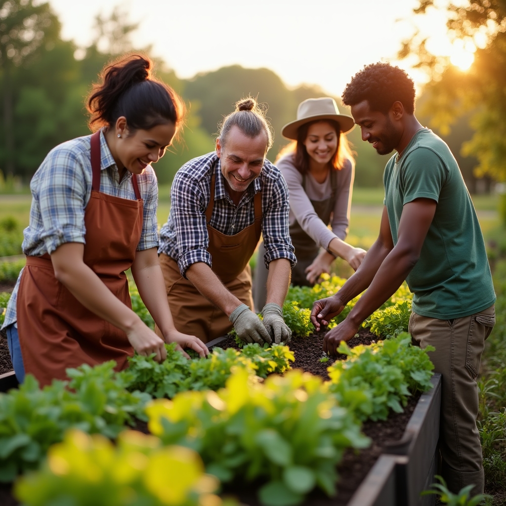Group of four adults of different ages and ethnicities working side by side in raised garden beds, sharing tools and conversing, warm golden hour lighting creating community atmosphere