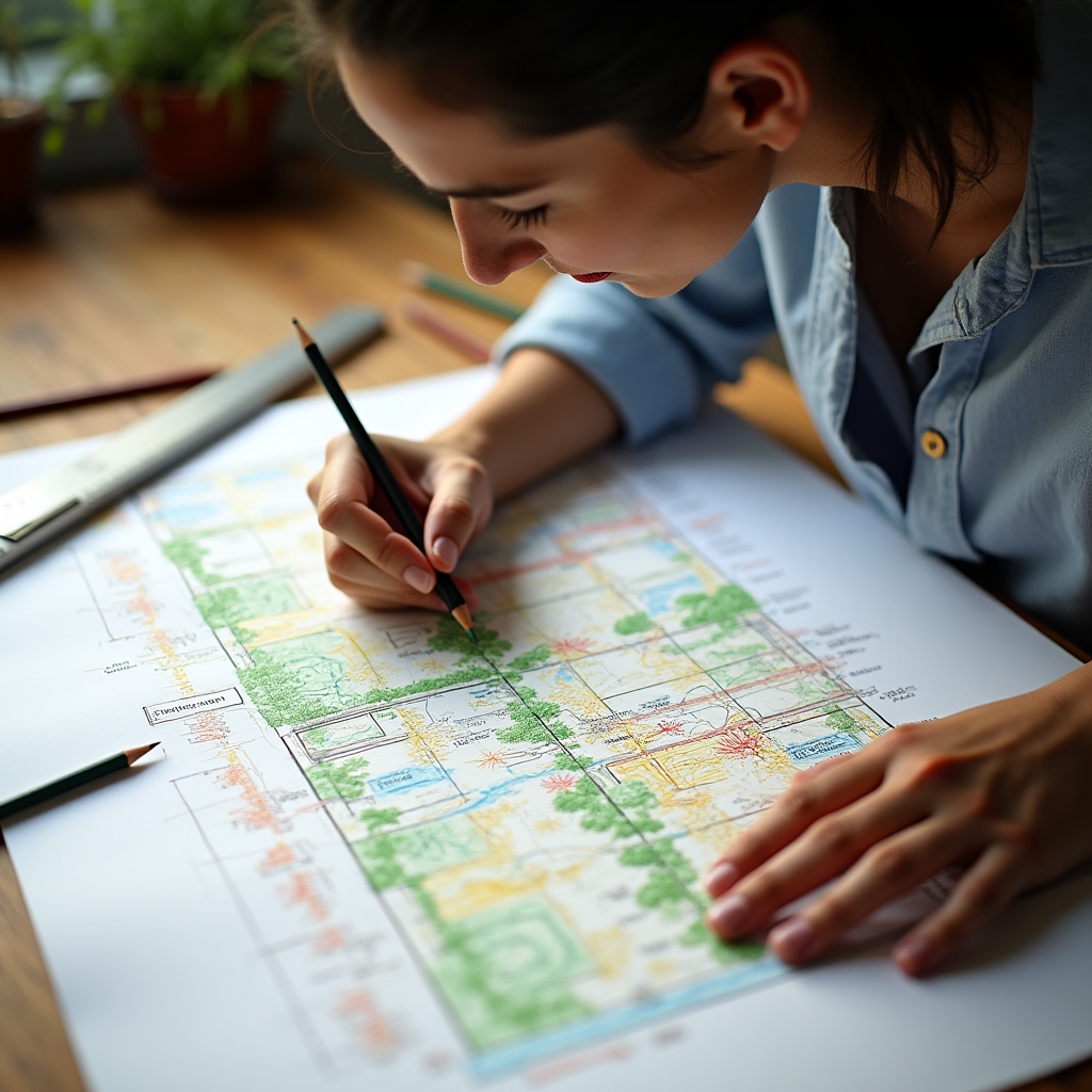 Detailed hand-drawn garden layout map on paper with zones marked in different colors, pencils and rulers visible