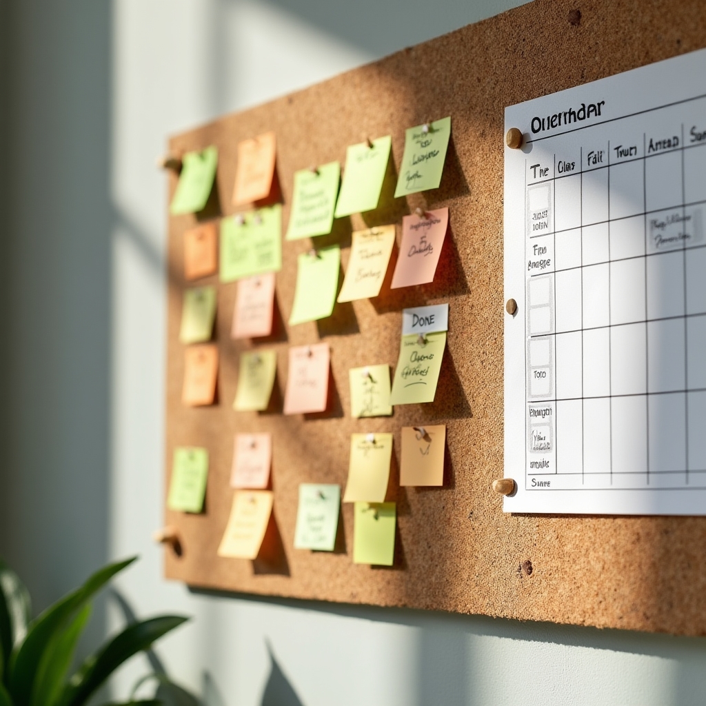 Close-up of a cork board covered with task cards, color-coded sticky notes and a garden schedule grid pinned to the wall in natural light
