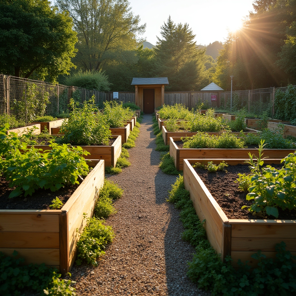 Wide-angle shot of a mature, well-maintained urban garden with raised beds, trellises, fruit trees and clearly marked pathways in warm afternoon light, showing years of careful development
