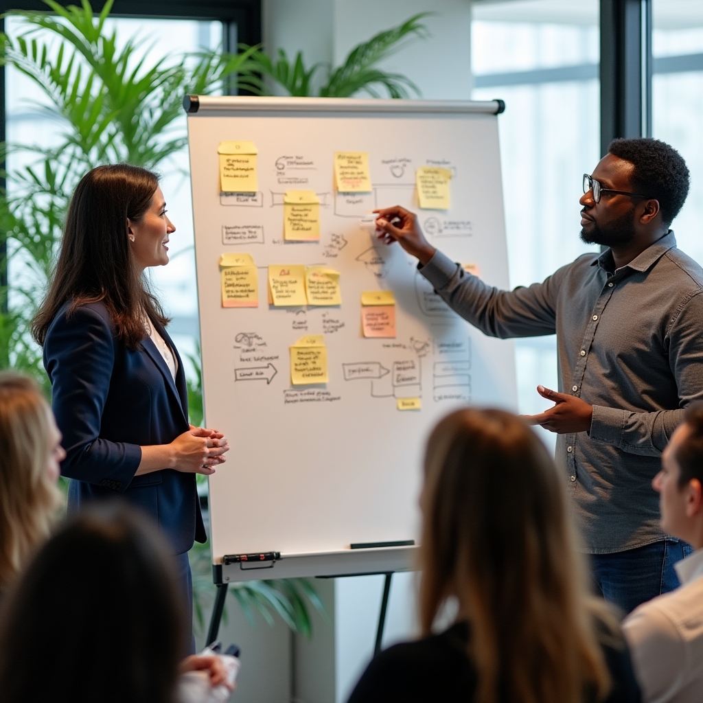 Two facilitators in their 30s standing before a large whiteboard covered in diagrams and sticky notes, presenting to a small engaged audience in an indoor workshop space with plants visible in the background
